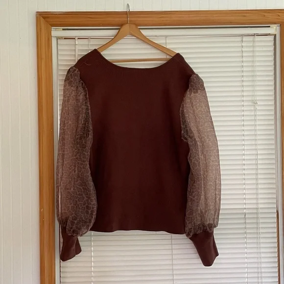 Anthropologie  Dolan Sheer Animal Print Puff-Sleeve Brown Sweater Size 3X - Picture 5 of 11
